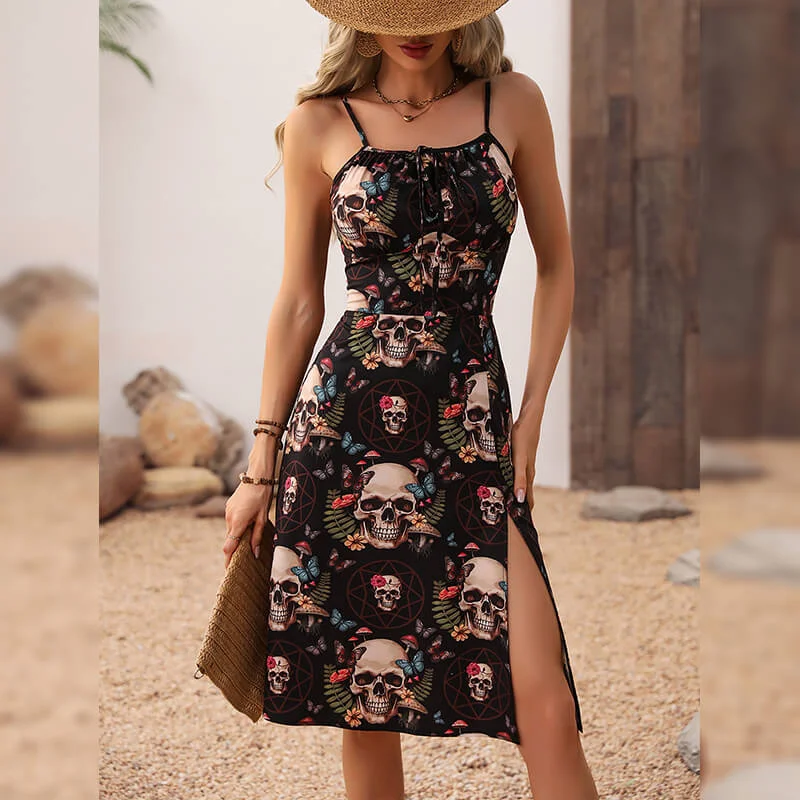 Gothic Retro Dark Skull Print Side Slit Sling Strap Dress