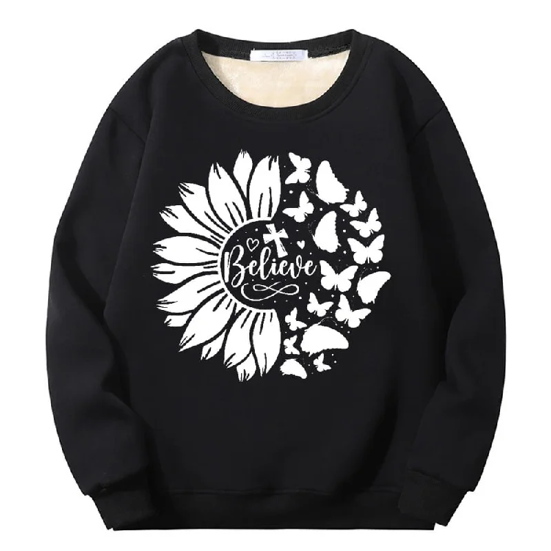 Flower Butterfly Believe Cross Crew Collar Fleece Sherpa Sweatshirt Hoodie with Earth Tones Natural Calm