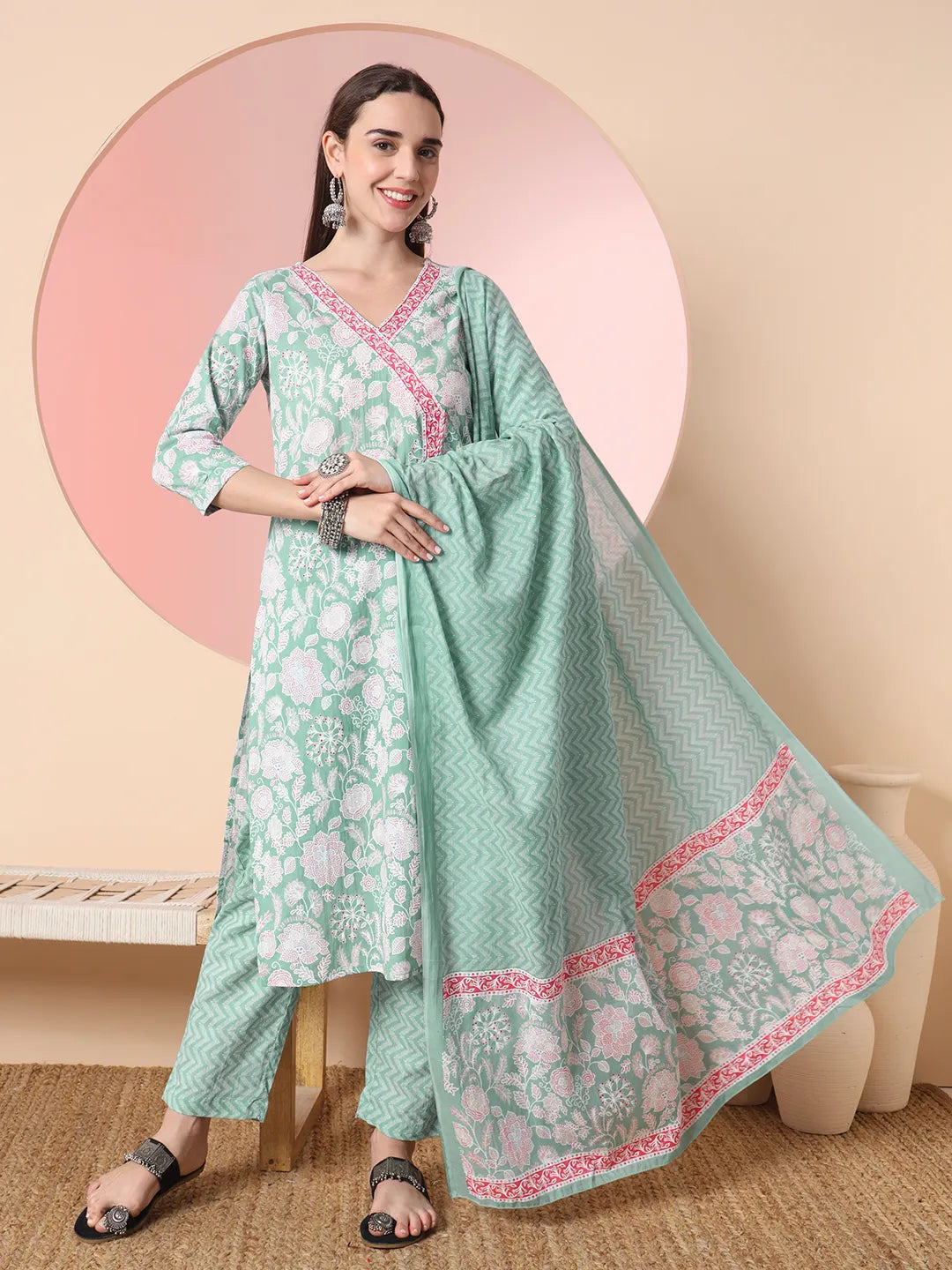 Yufta Sea Green Pure Cotton Angrakha Kurta Dupatta Pant Set Fashionable Jogger Pants