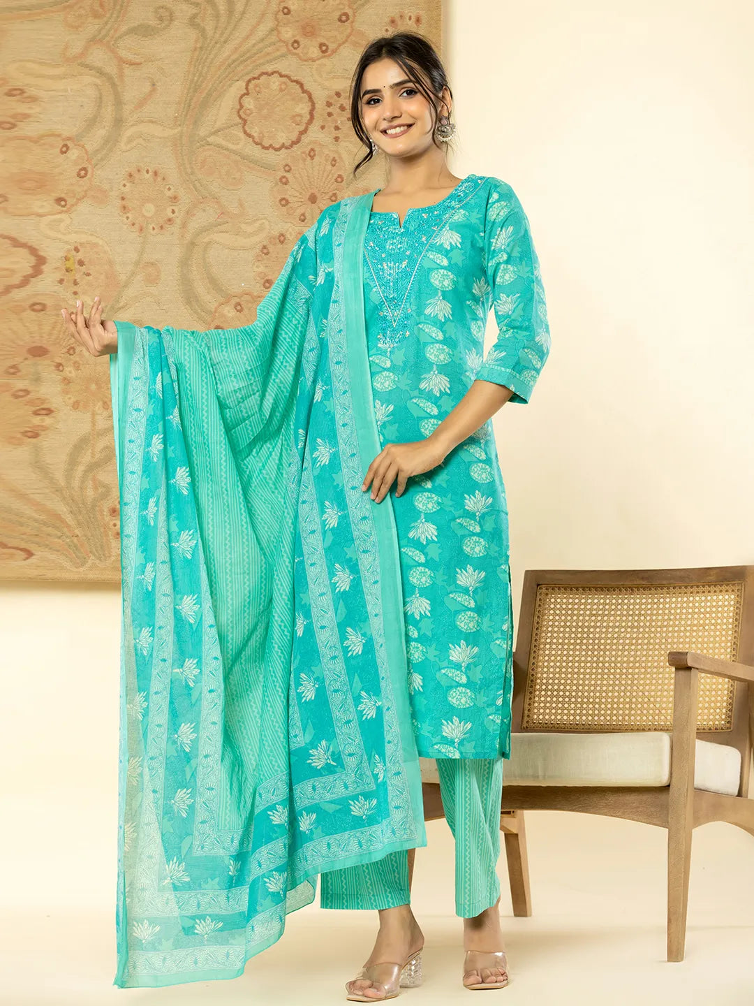 Yufta Pure Cotton Turquoise Blue Floral Embroidery Kurta Dupatta Pant Set Elegant Wool Trousers