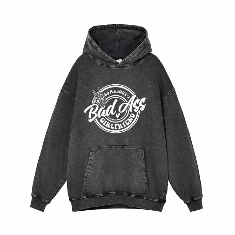 Somebody’s Bad Ass Girlfriend Vintage Washed Hoodie Hoodie with Hem Drawcord Adjustable Customizable