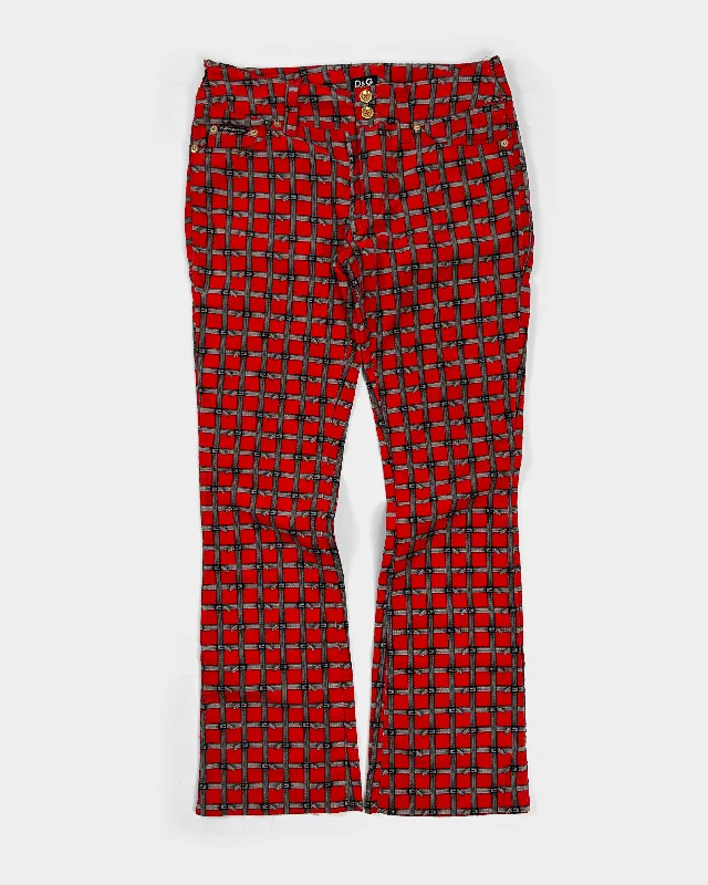 Dolce & Gabbana "Belted-Print" Red Velour Pants 2000's Relaxed High-Waist Trousers