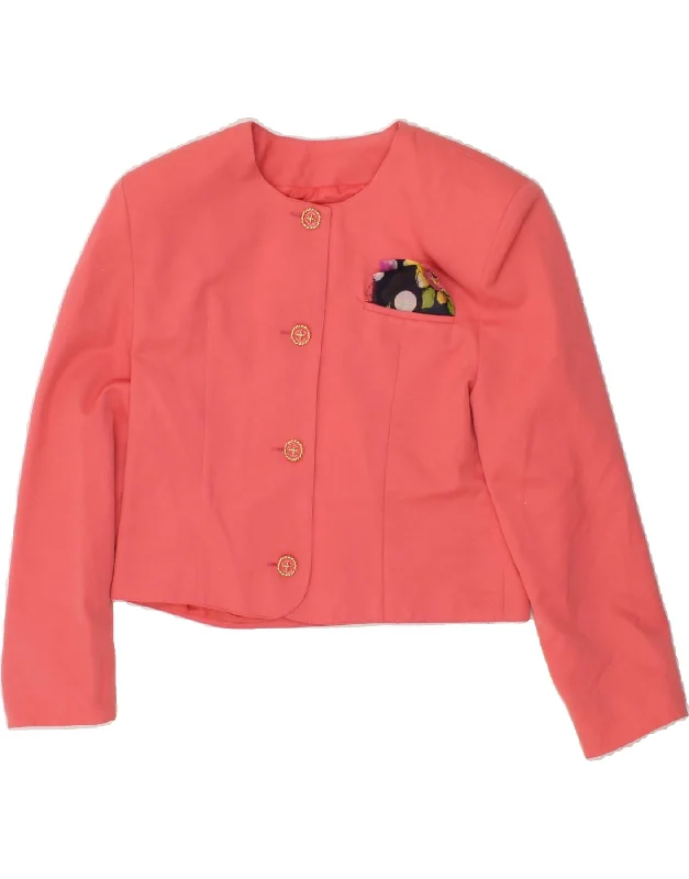 VINTAGE Womens Crop 4 Button Blazer Jacket UK 10 Small Pink Polyester Cardigan Sweater Pullover