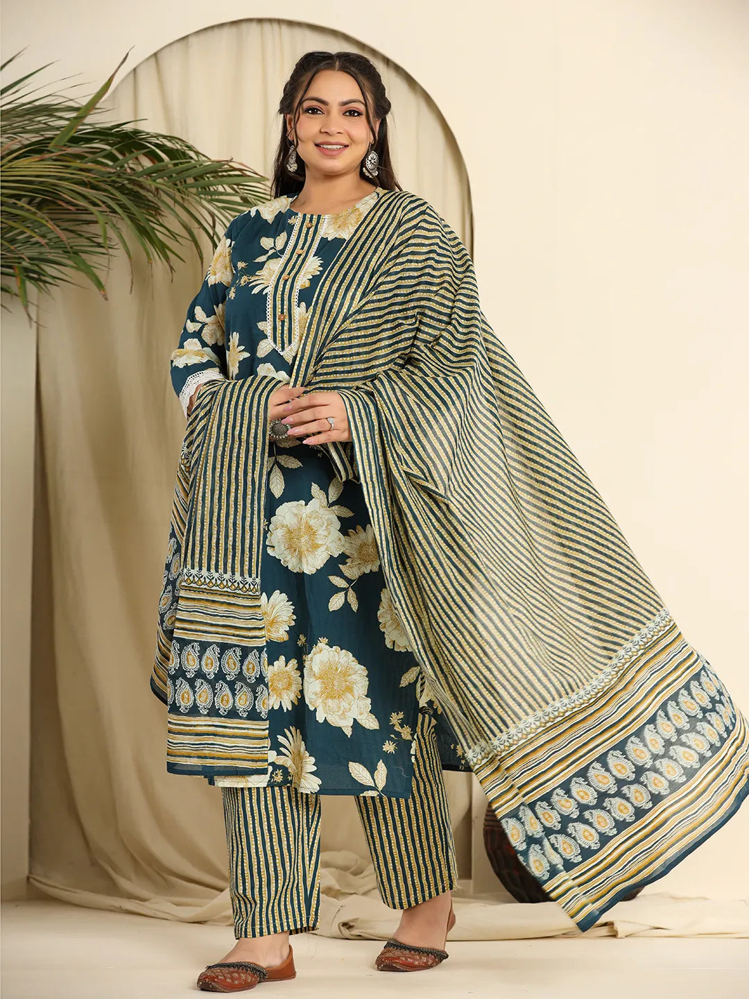 Yufta Teal Blue Pure Cotton Kurta Dupatta Pant Set With Handwork Classic Chino Pants