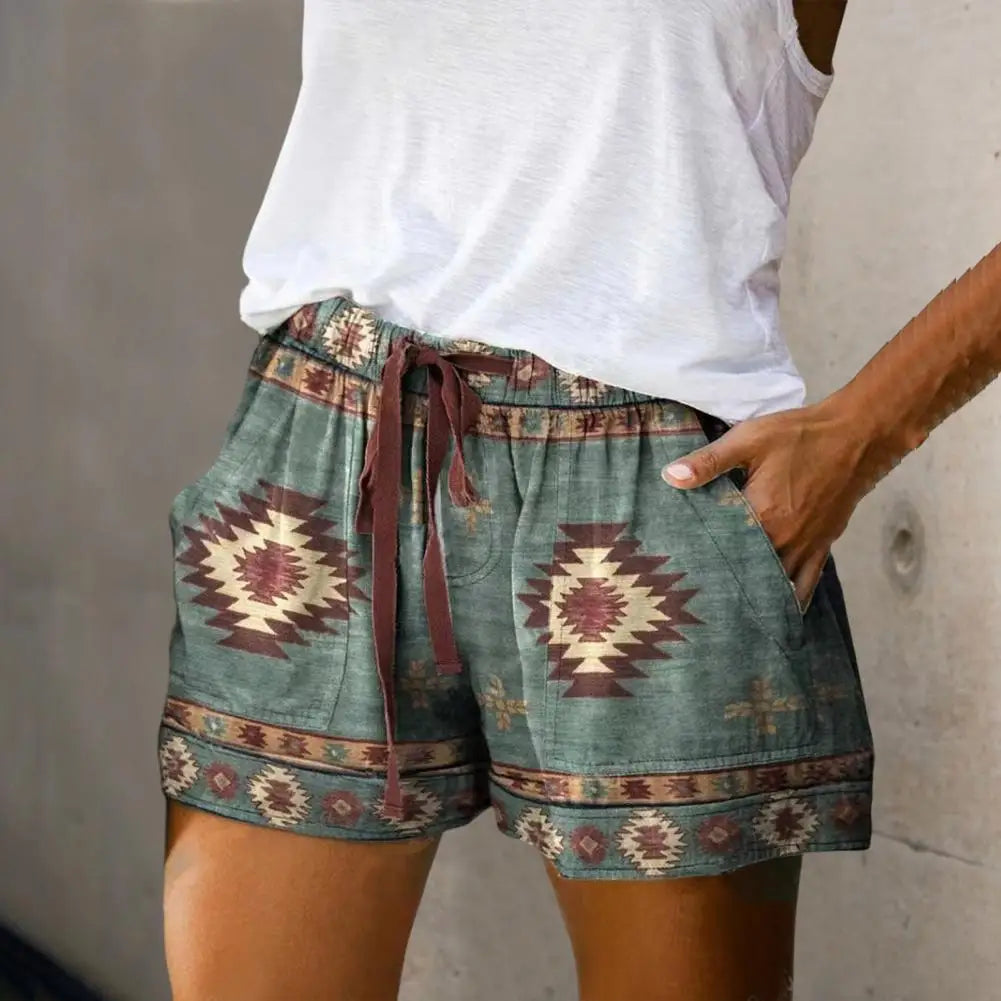 Beach Shorts Summer High Waist Elastic Waistband Short Pants Pockets Women Shorts Retro Print Drawstring Loose Shorts Streetwear Comfortable Denim Leggings