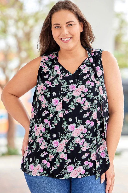 Plus Size Floral Tie Neck Tank breathable tank top