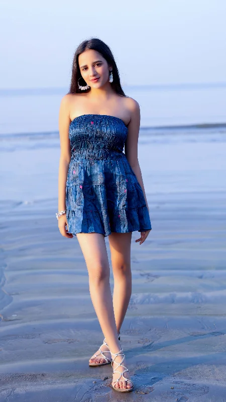 Noroke Modal Steel Blue Printed Mini Tiered Dress