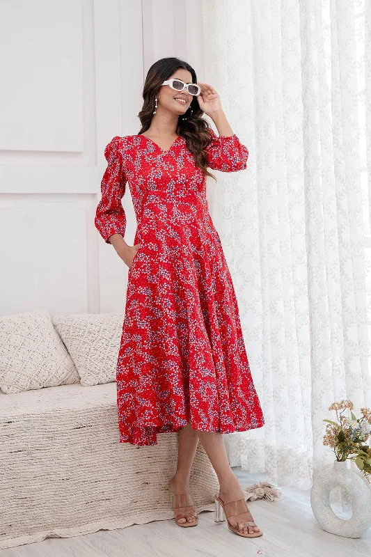 Women Red Printed Flared Dress - Rasiya