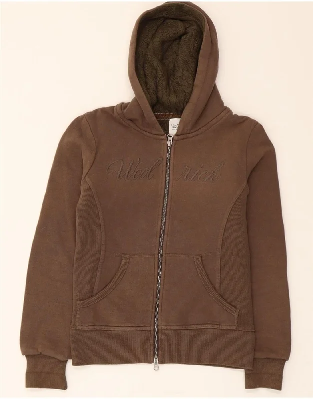 WOOLRICH Womens Graphic Zip Hoodie Sweater UK 10 Small Brown Cotton Neon Metallic Matte