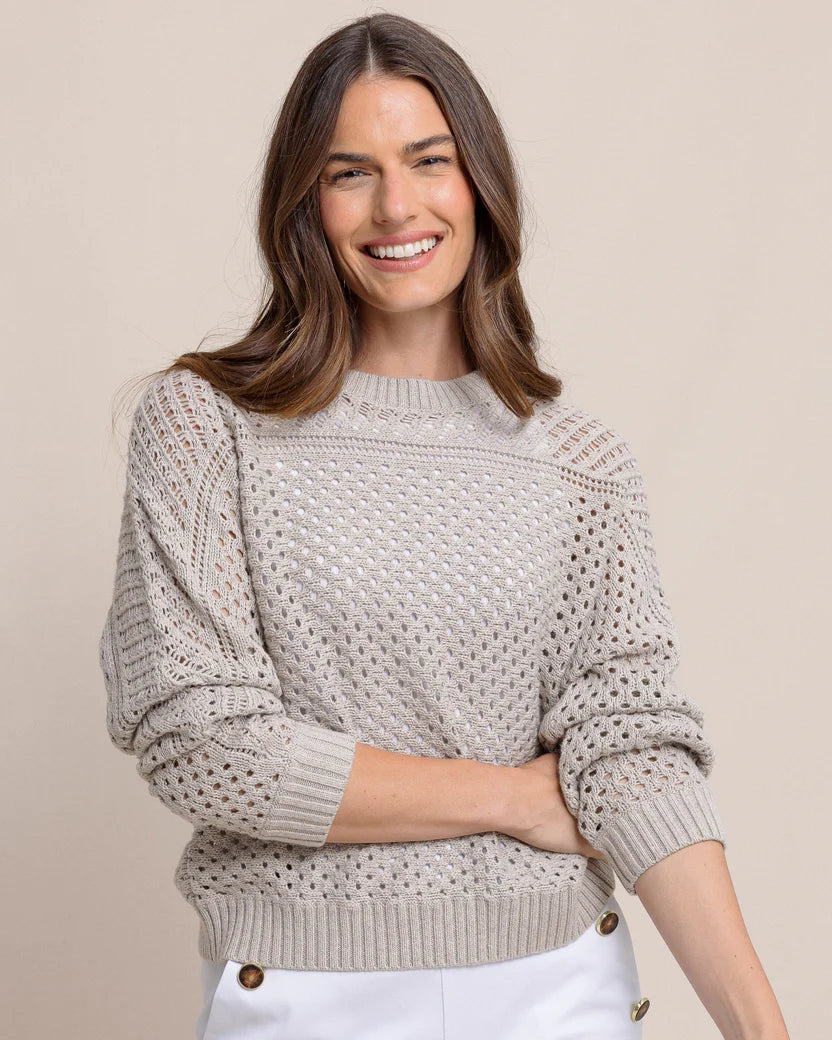Southern Tide Women's Ophelia Open Stitch Sweater -Driftwood Khaki Layered Multi-layer Single Layer