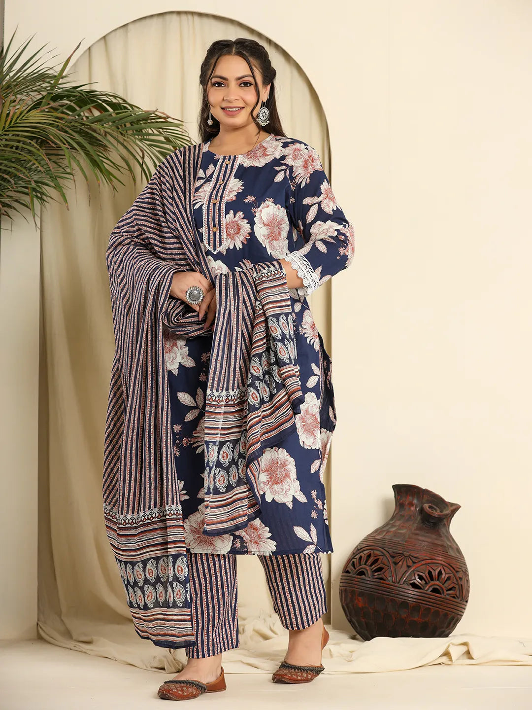 Yufta Navy Blue Pure Cotton Kurta Dupatta Pant Set With Handwork Soft Wool Pants