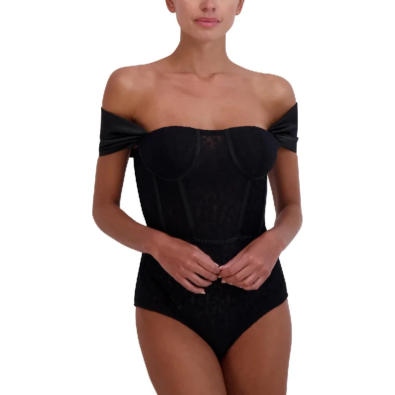 Womens Lace Off-the-Shoulder Bodysuit Fashionable V-Neck Bodysuit