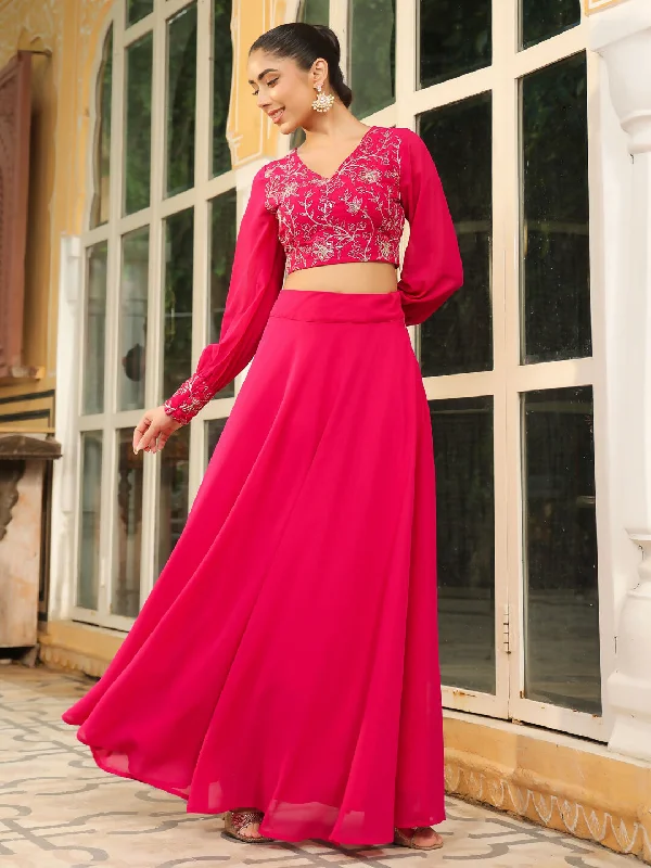 Janasya Pink Georgette Embroidered Top & Skirt corduroy skirt textured