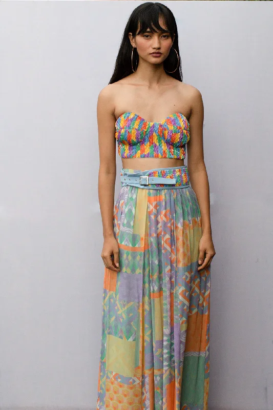 Multi-Geo Gathered Maxi-Skirt with Handcrafted Sequin Belt silk skirt smooth