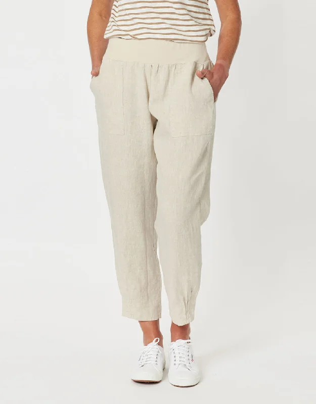Sarah Rib Waist Linen Pants - Natural Relaxed High-Waist Trousers