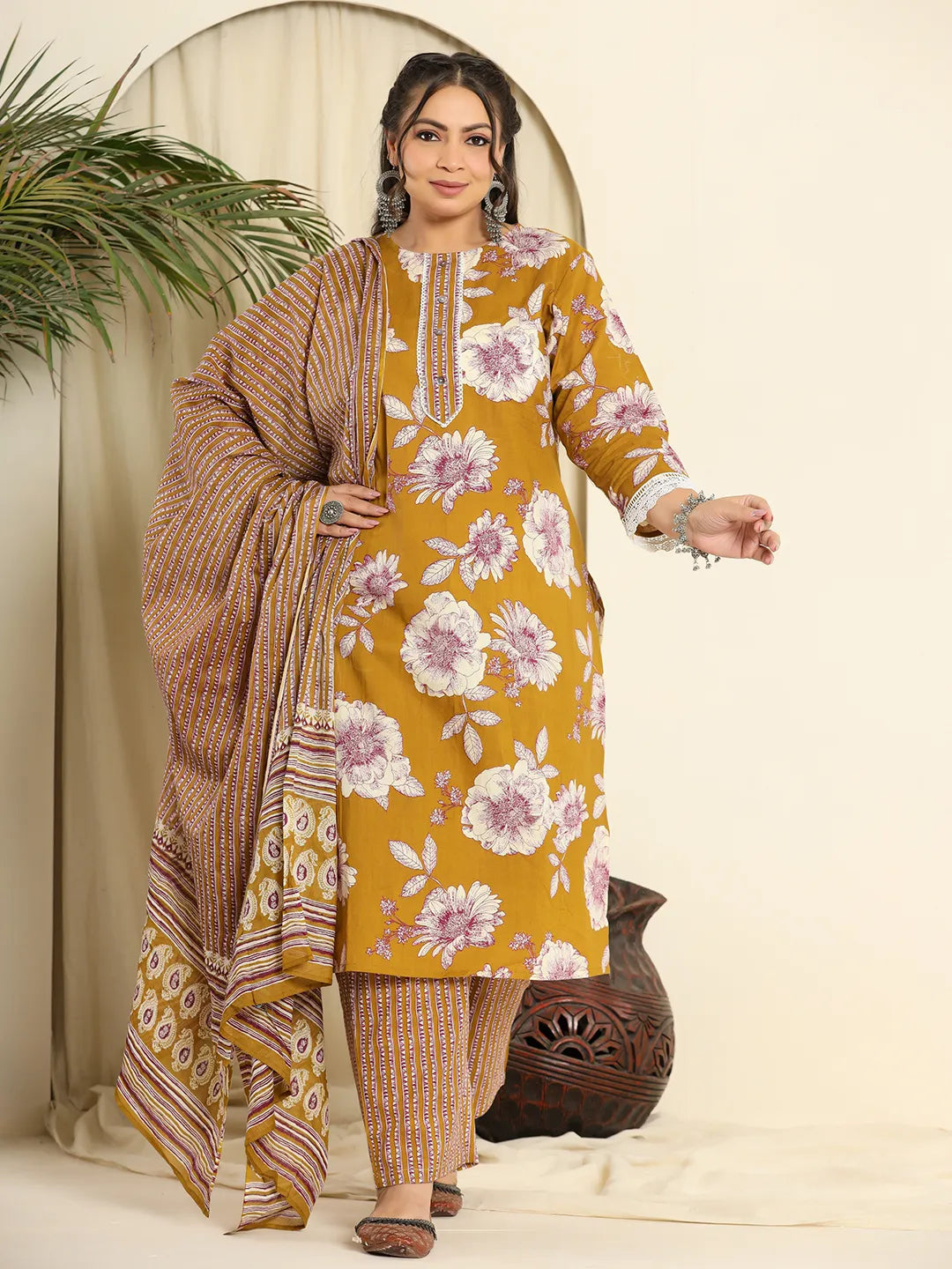 Yufta Mustard Pure Cotton Kurta Dupatta Pant Set With Handwork Stretch Fit Pants
