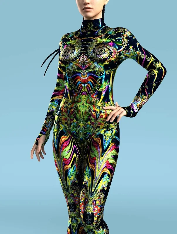 Green Drippy Fractal Hypnotic Bodysuit - Skinny Jumpsuit Wear Onesie Doof Costume Elastic Bodysuits Rave Rompers Elegant Bodysuit with Mesh Panels