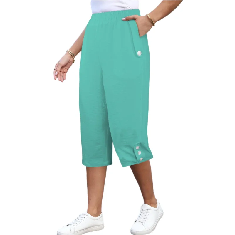Mima Green Button Trim Capri Pants Formal Slim Pants