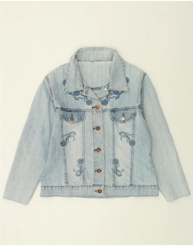 VINTAGE Womens Graphic Denim Jacket UK 14 Large Blue Floral Striped Jacket Polka Dot Jacket Floral Jacket