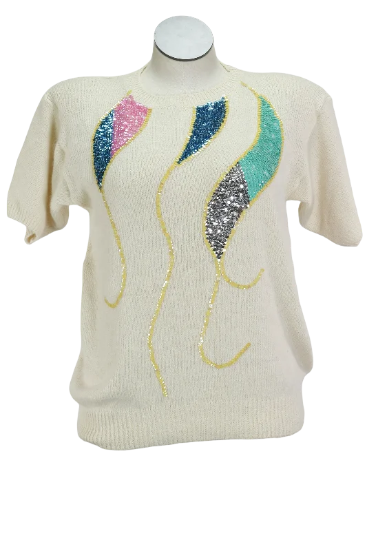 80s Diana Marco Ivory & Sequin Sweater            L Fitted Slim Tailored