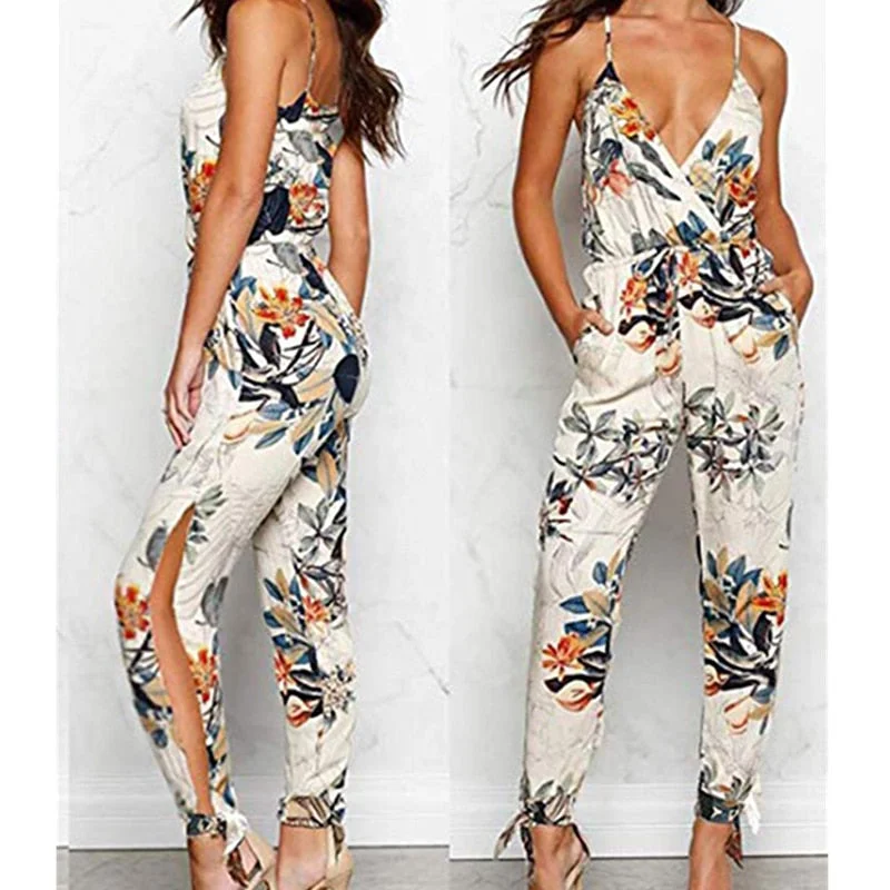 2019 Summer Women Casual Sleeveless V-Neck Jumpsuits Fashion Ladies Boho Floral Bodysuit Wide Leg Loose Long Pants Trousers Fashionable Slim Fit Bodysuit
