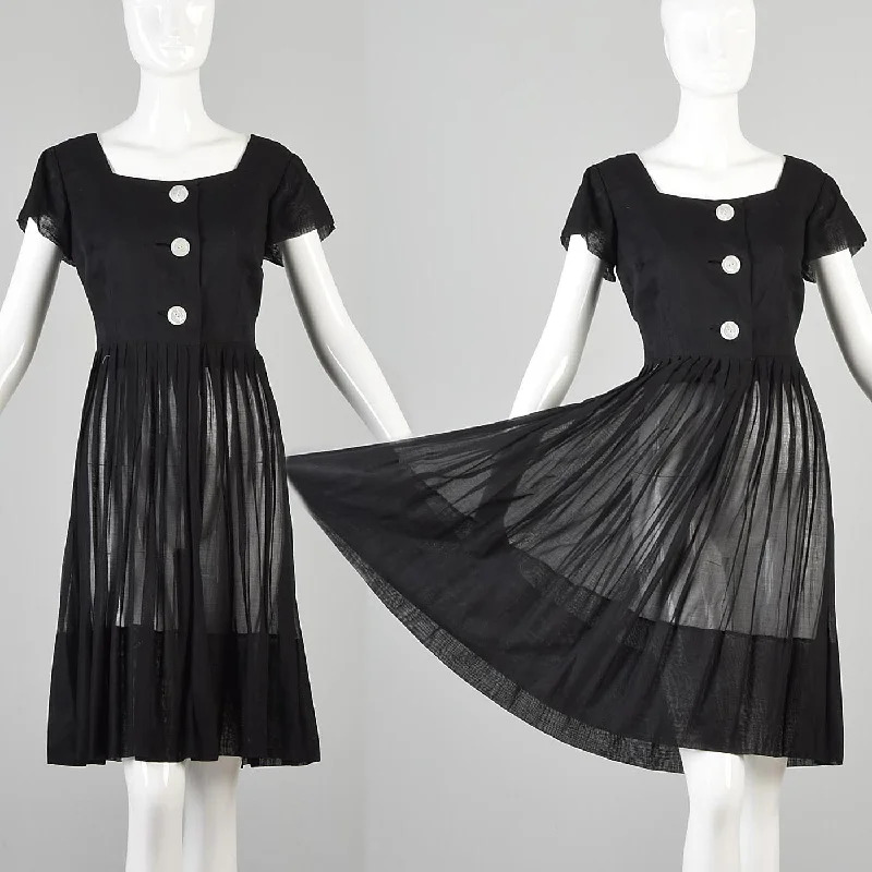 1950s Sheer Black Dress with Mother of Pearl Buttons