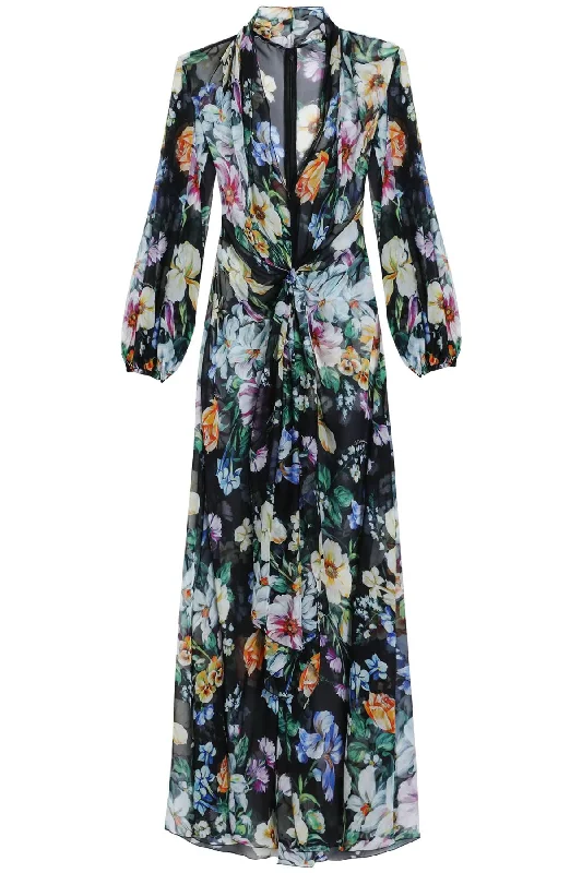 long black silk dress with floral pattern F6TMXT IS1XF MIX FIORI F.NERO