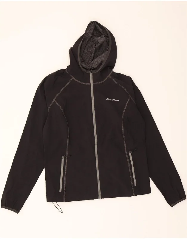 EDDIE BAUER Womens Hooded Tracksuit Top Jacket UK 16 Large Black Nylon Toggled Jacket Drawstring Jacket Belted Jacket