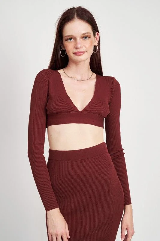 Emory Park | V Neck Cropped Sweater Top Open Front Closed Front Wrap Front
