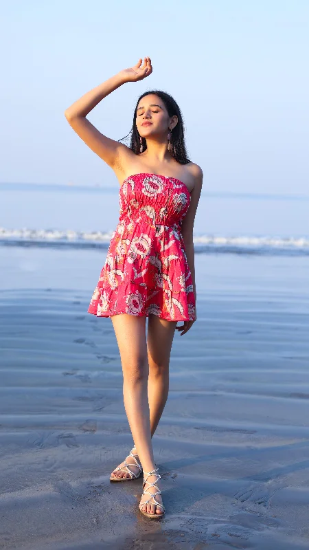 Noroke Linen Red Floral Mini Tiered Dress - Printed