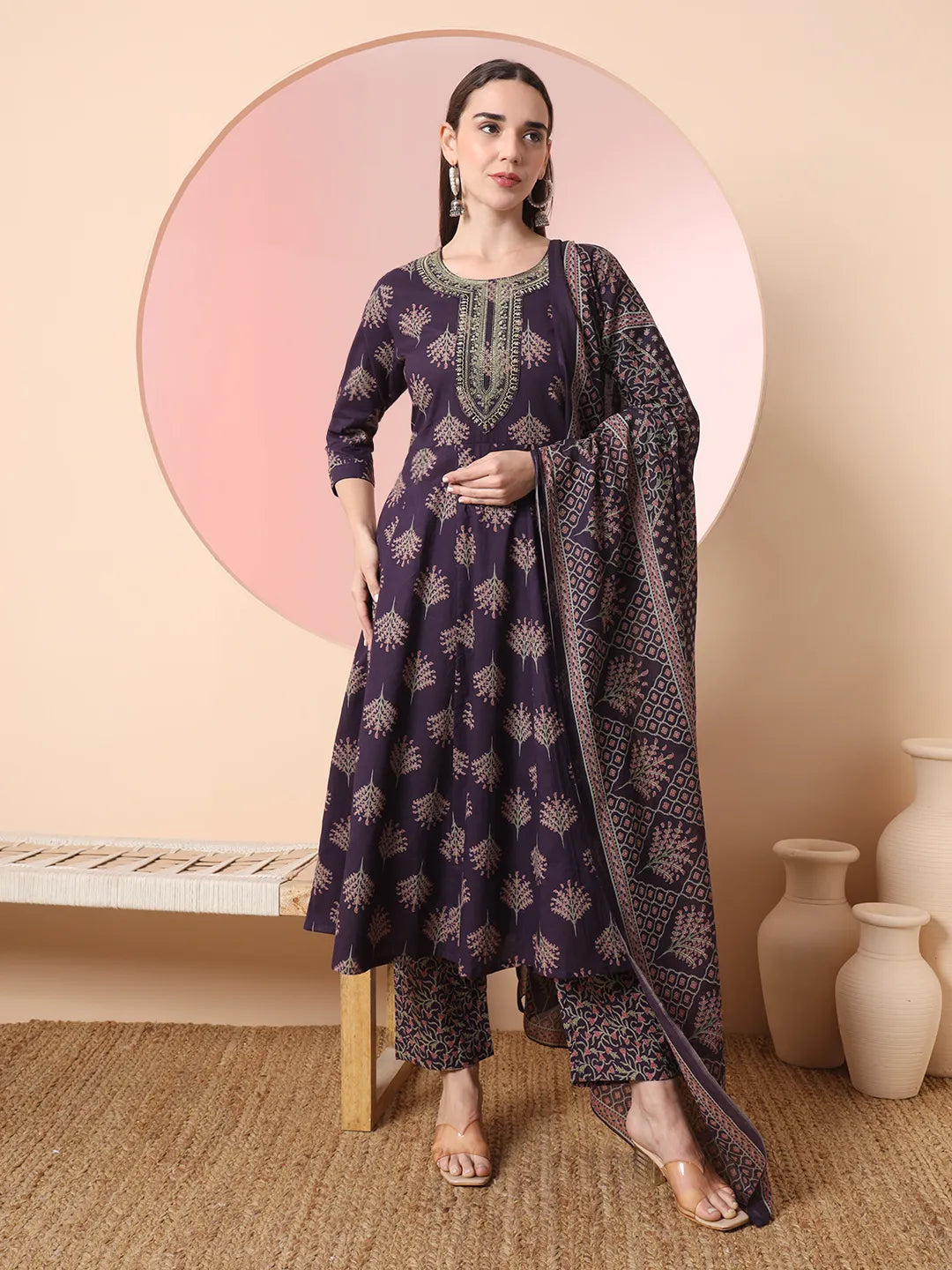 Yufta Purple Pure Cotton Chikankari Anarkali Kurta Dupatta Pant Set Comfortable Cargo Pants