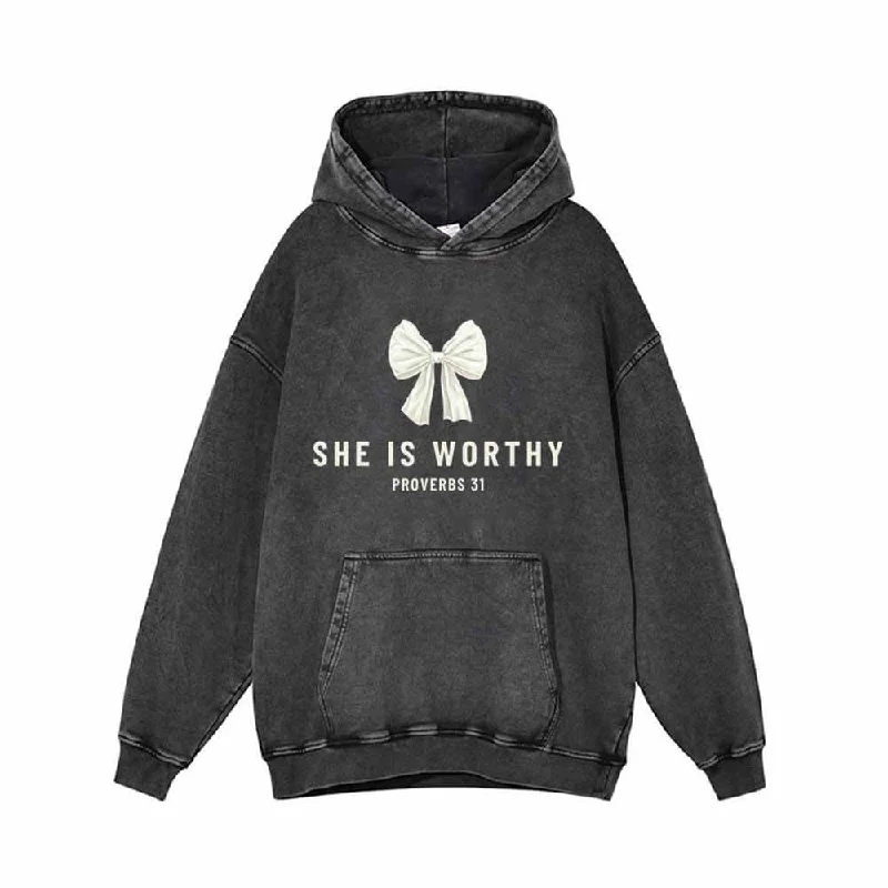 White Bow She Is Worthy Vintage Washed Hoodie Hoodie with Lace Feminine Delicate
