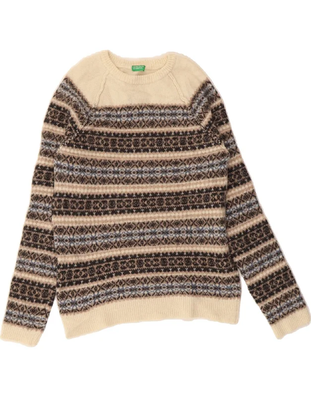 BENETTON Womens Crew Neck Jumper Sweater UK 14 Medium White Fair Isle Fitted Loose Oversized