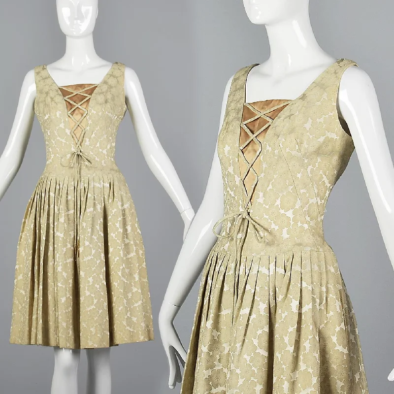 1950s Ivory Brocade Dress with Corset Illusion Front