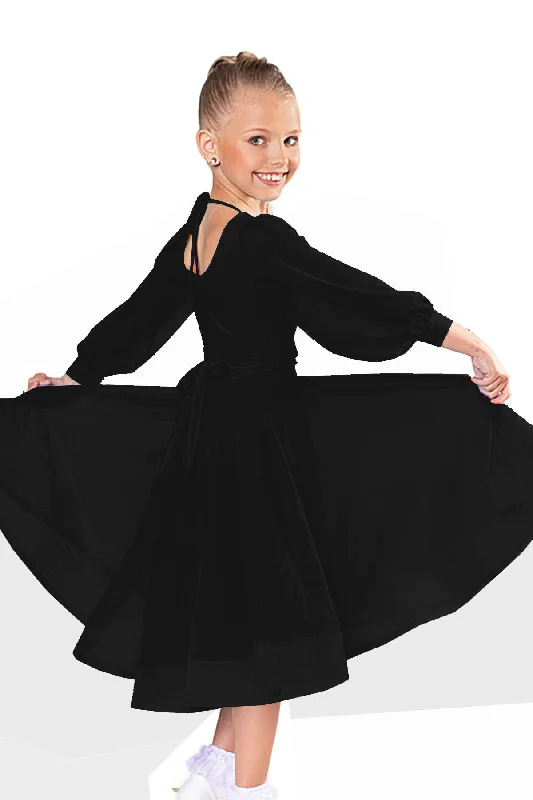 Dance America JR-B3 Girls Regulation Mesh Puff Sleeve Ballroom Dance Bodysuit in Stock Stylish Faux Leather Bodysuit