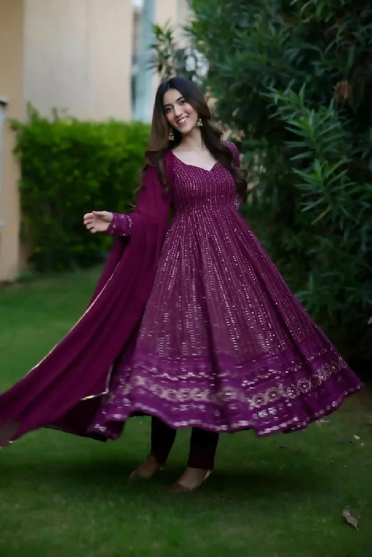 Preksha Creation Faux Blooming Fabric With 3mm Embroidery badlo zari Work Women Wine Purple Gown With Pant and Dupatta Cozy Knit Pants