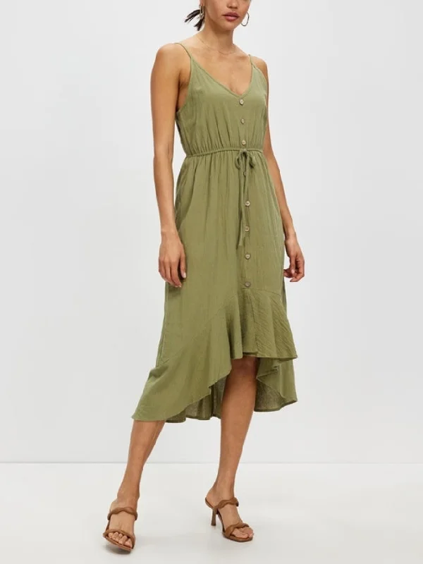 Women's V-neck Suspender Pea Green dress by Kaja Clothing - Odette Dress