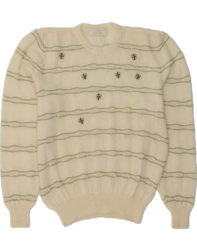 VINTAGE Womens Crew Neck Jumper Sweater UK 16 Large White Striped Viscose Spandex Blend Rayon Blend Denim Blend