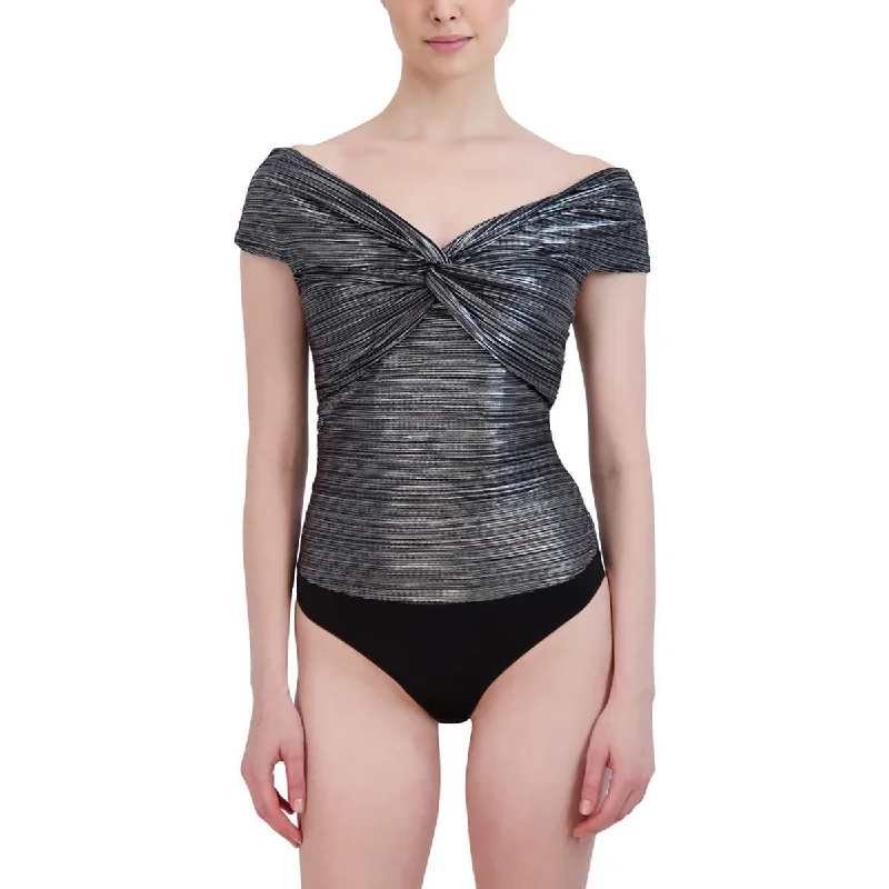 Womens Twist Front Off-the-Shoulder Bodysuit Elegant Satin Bodysuit