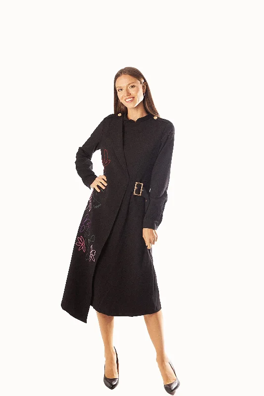 Half Belted Side Embroidery Dress Elegant Long Evening
