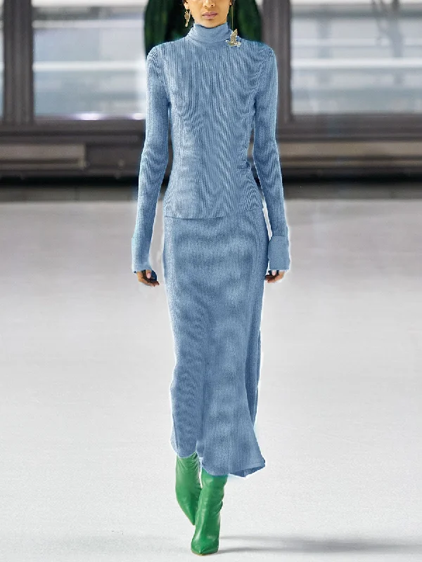 Knitted Thin Turtleneck Sweater Slim-fit Skirt Two-piece Suit Slim Fit Regular Fit Oversized