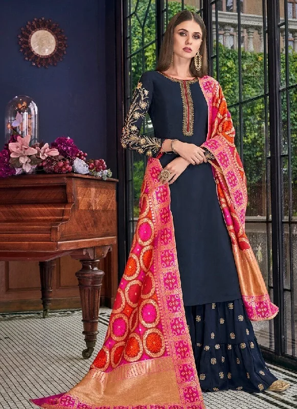 Navy Blue Palazzo style Dress Silk Maxi Flowy Bohemian