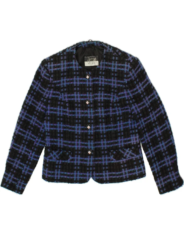 VINTAGE Womens 4 Button Blazer Jacket UK 14 Medium Blue Check Polyacrylic Denim Fabric Leather Fabric Suede Fabric