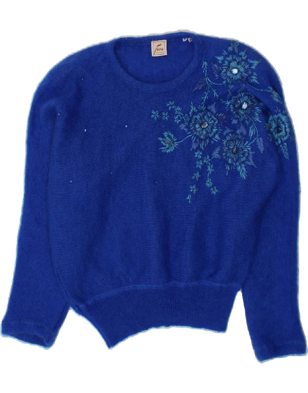 FIORE Womens Oversized Crew Neck Jumper Sweater UK 14 Medium Blue Floral Solid Color Striped Floral Print