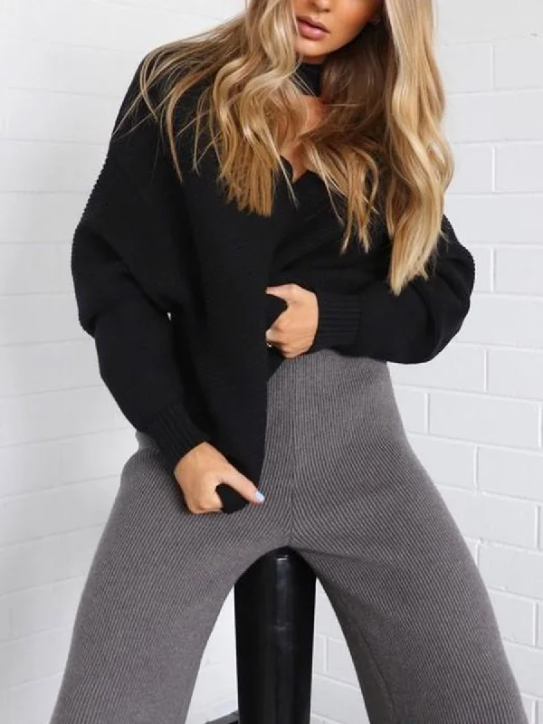 Sweater Long Sleeve Solid Color Fashion Two-piece Suit Notch Collar Peter Pan Collar Cowl Neck