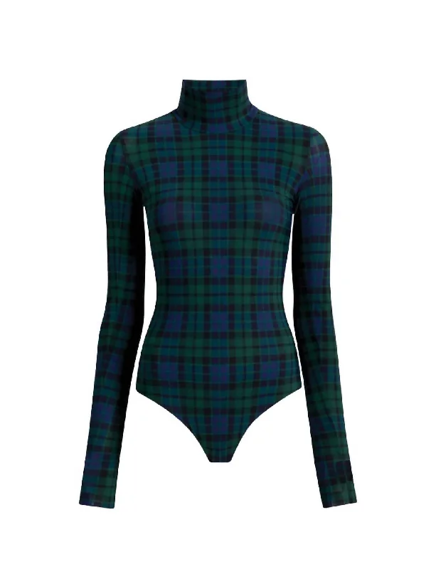 Women's Classic Print Turtleneck Bodysuit In Tartan Plaid Stylish Bodysuit with Adjustable Straps