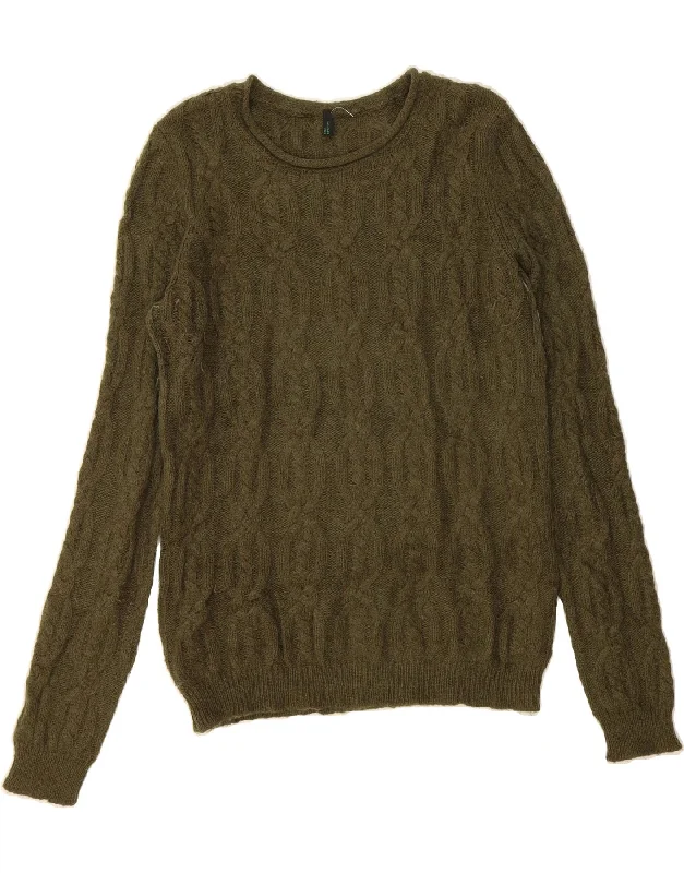 BENETTON Womens Boat Neck Jumper Sweater UK 14 Medium Khaki Acrylic Notch Collar Peter Pan Collar Cowl Neck