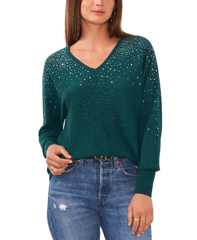 Women's V-Neck Embellished Long-Sleeve Sweater Mesh Sweater Canvas Denim