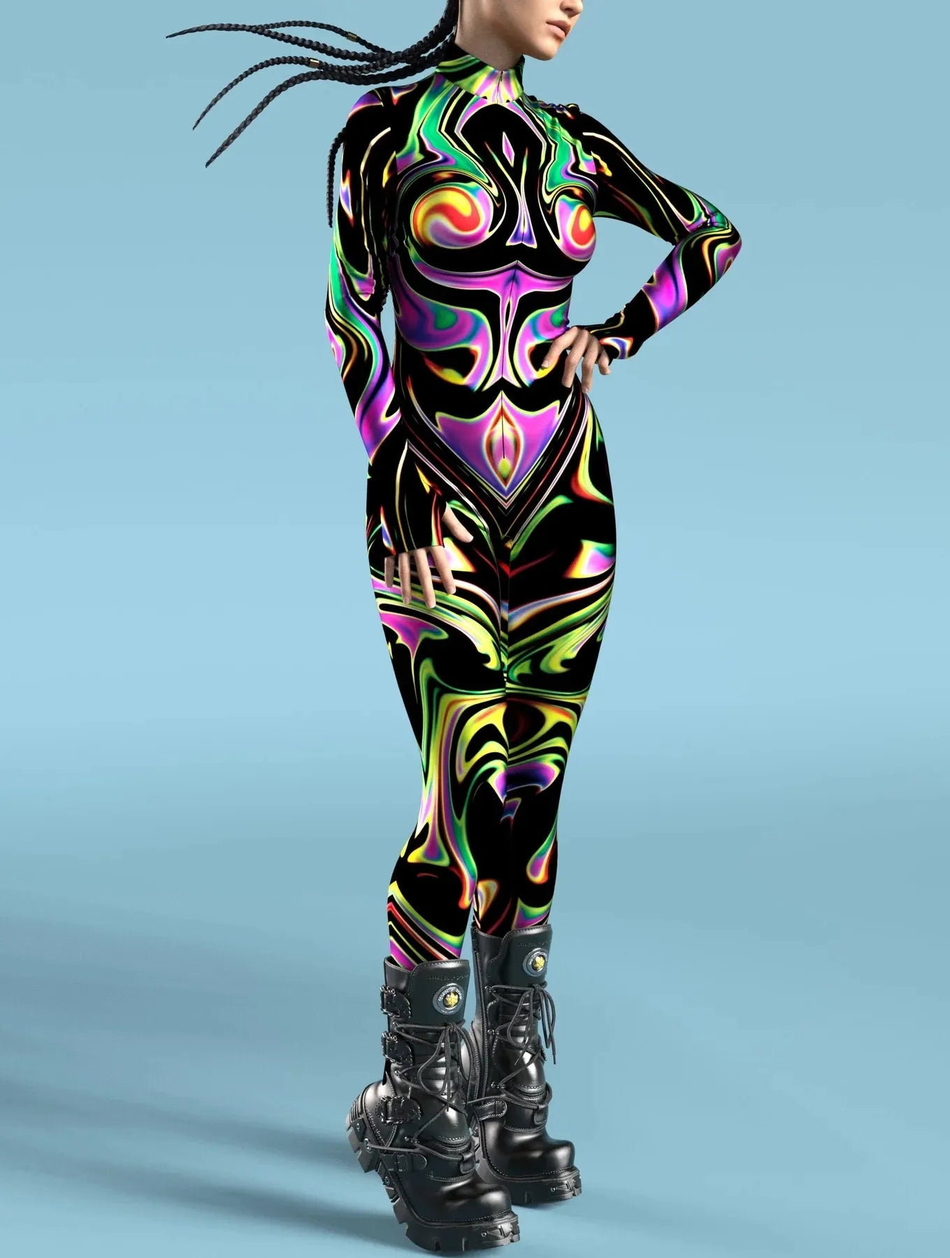 Trippy Tribal-Fractal Bodysuit - Green & Purple - Skinny Jumpsuit Wear Onesie Doof Costume Elastic Bodysuits Rave Rompers Comfortable Sports Bodysuit