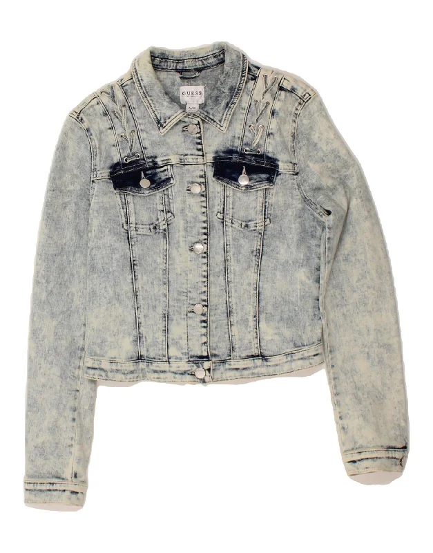 GUESS Womens Crop Denim Jacket UK 8 Small  Blue Cotton Front Pockets Side Pockets Patch Pockets